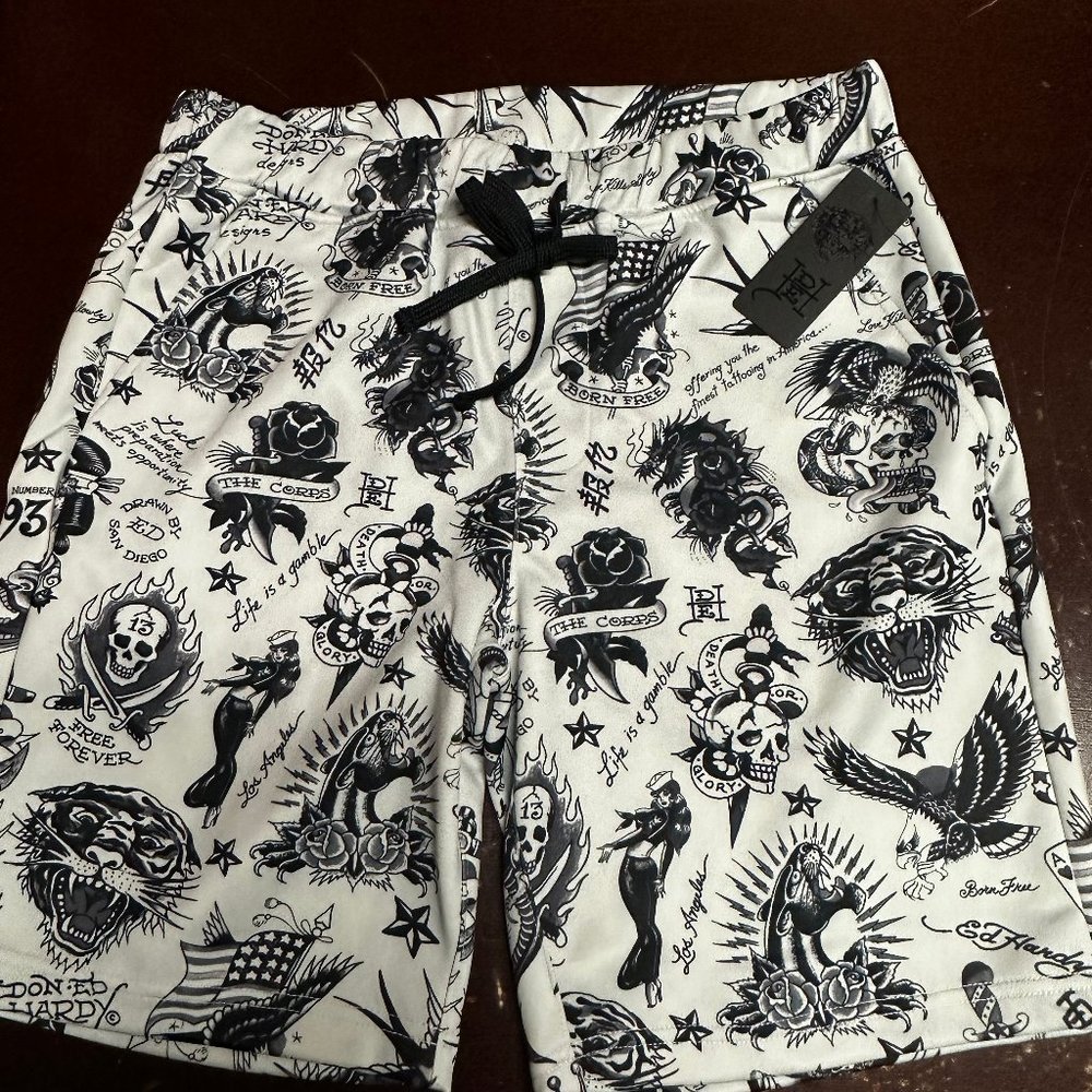Ed Hardy Mens Off White Flashboard Print Elastic Waist Pockets Casual Short Sz S